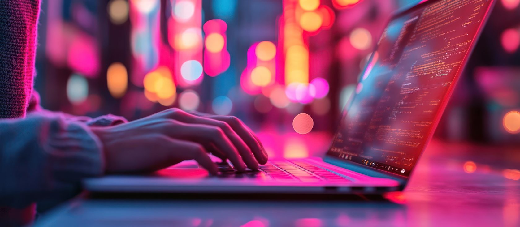 Pessoa digitando em notebook com tela de código e luzes da cidade ao fundo